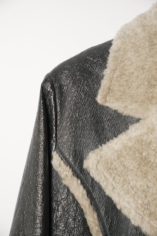Anna Sui Coated Faux Leather Double Breasted Coat with Shearling-Look Trim