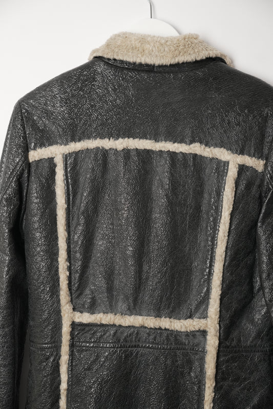 Anna Sui Coated Faux Leather Double Breasted Coat with Shearling-Look Trim