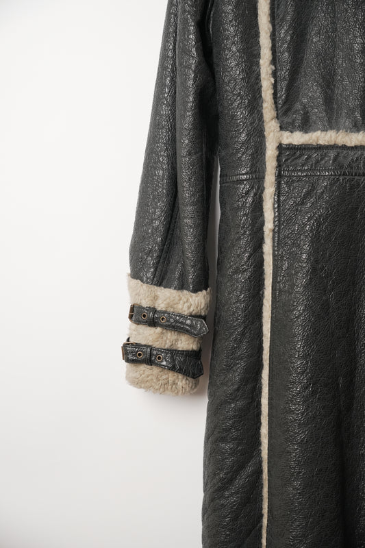 Anna Sui Coated Faux Leather Double Breasted Coat with Shearling-Look Trim