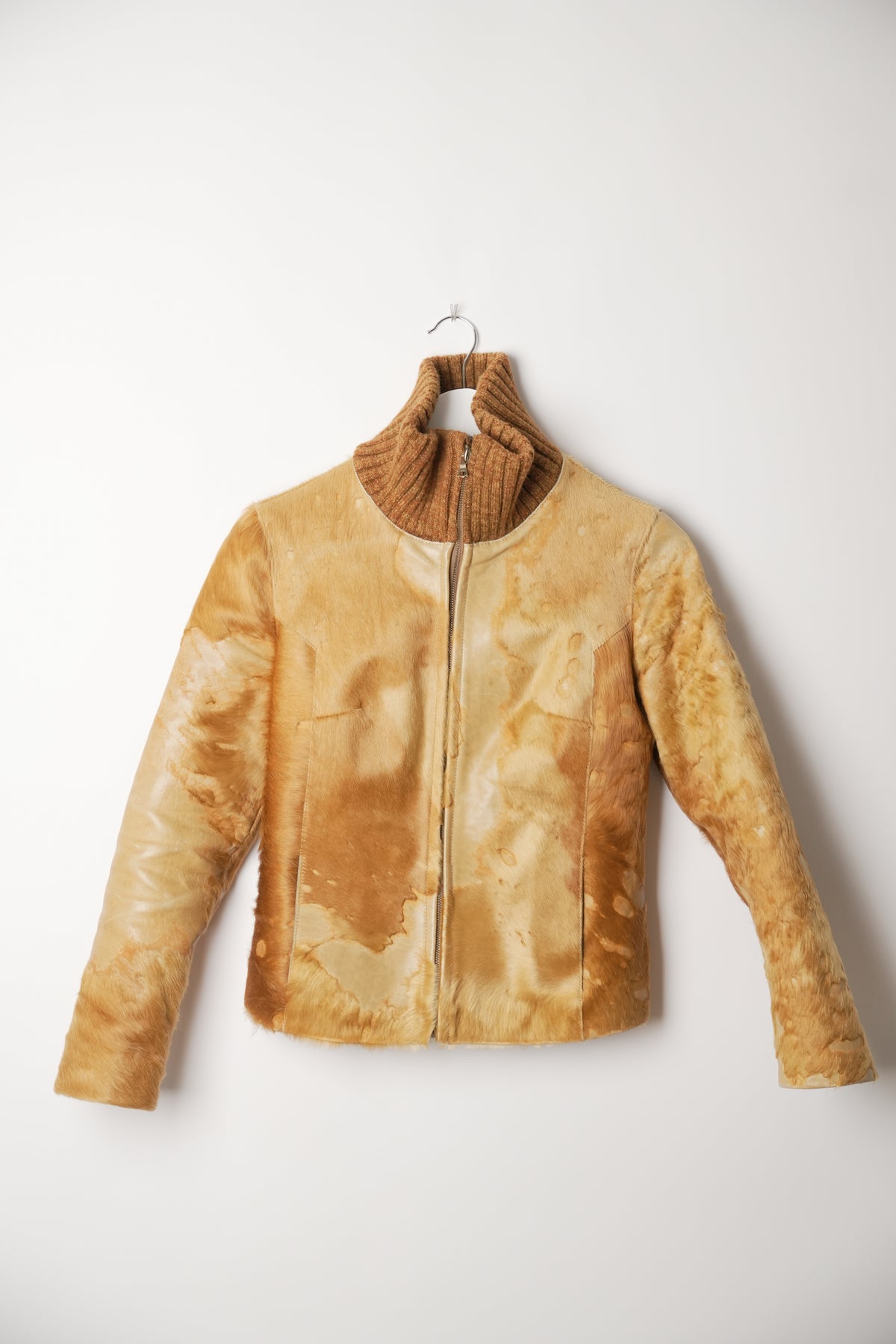Italian Made Calfskin Leather Jacket w Knit Funnel Neck Sz40