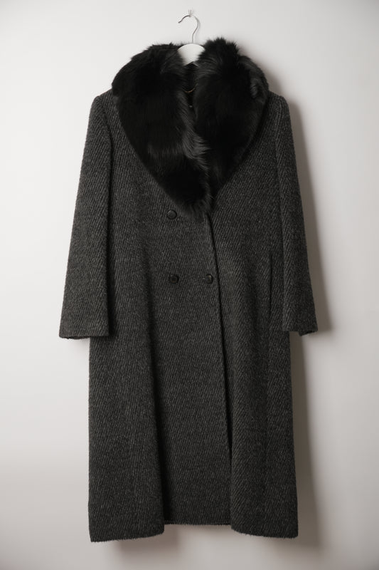 Altoca Pot Grey Wool Long Coat with Fur Collar