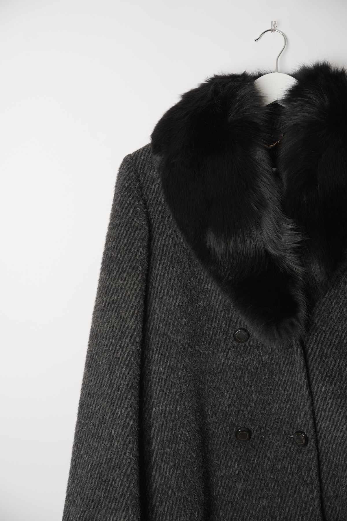Altoca Pot Grey Wool Long Coat w Fur Collar