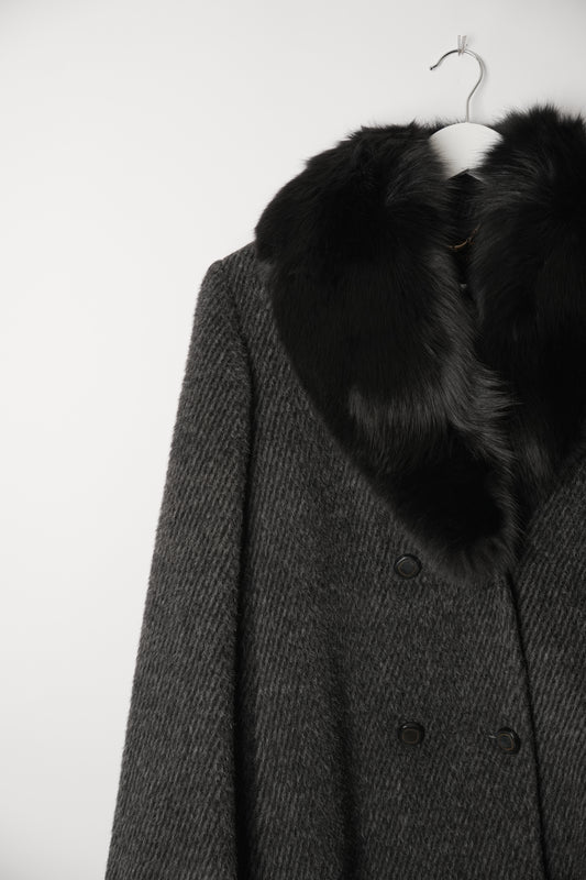 Altoca Pot Grey Wool Long Coat with Fur Collar