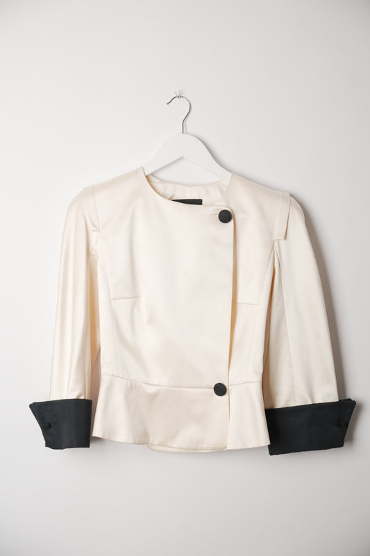 Giorgio Armani Silk White Collarless Blazer with Black Turn Up Sleeve