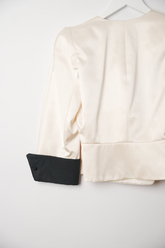 Giorgio Armani Silk White Collarless Blazer with Black Turn Up Sleeve