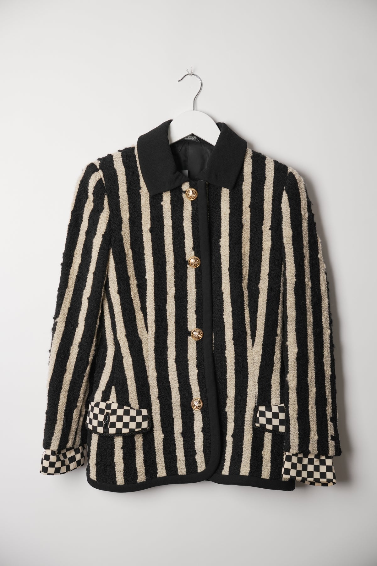 Gianni Versace Vertical Stripe Tweed Blazer w Checker Flap