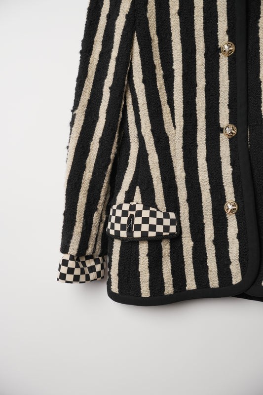 Gianni Versace Vertical Stripe Tweed Blazer with Checker Flap