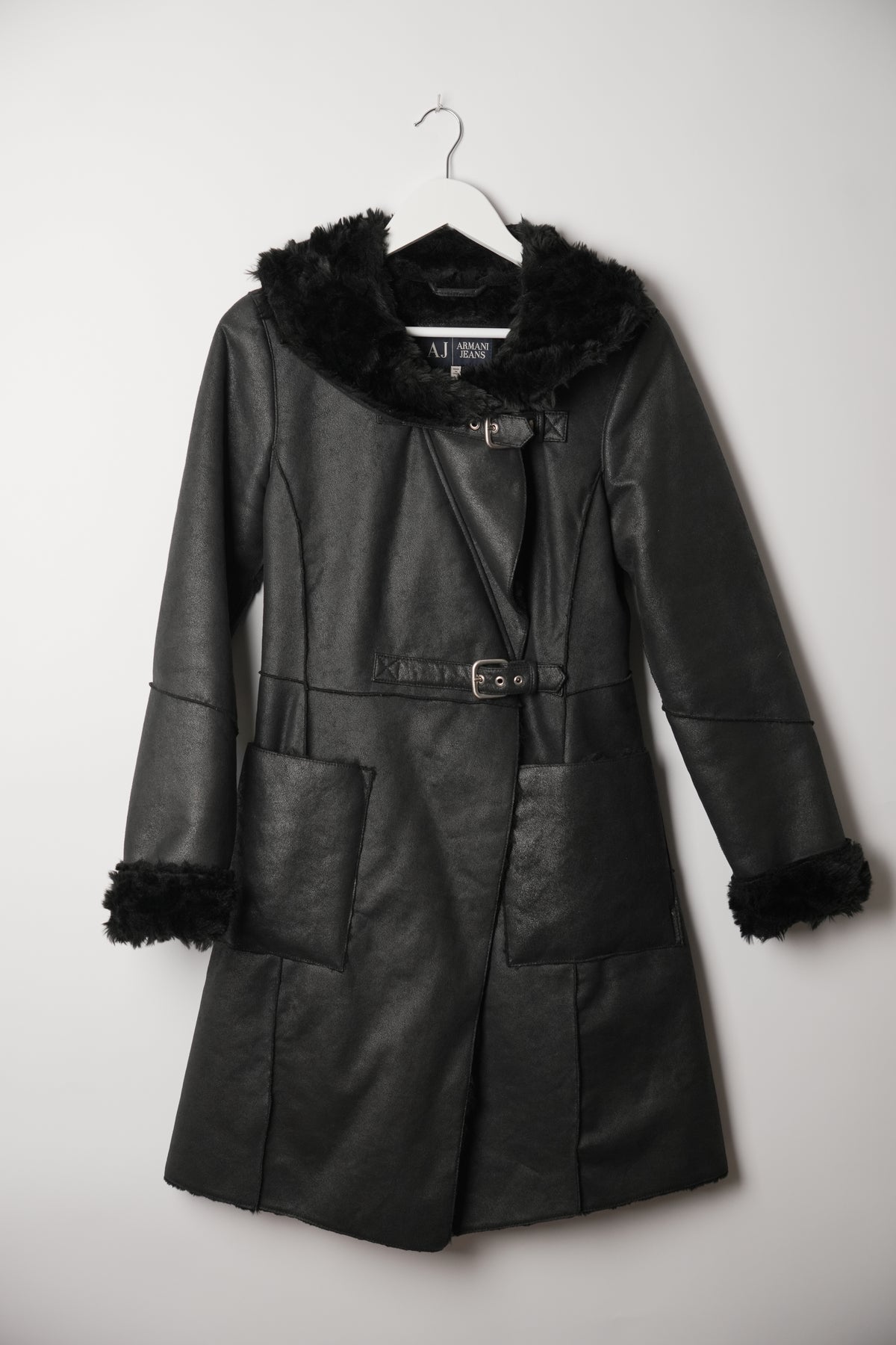 Armani Jeans Faux Shearling Leather Belted Coat