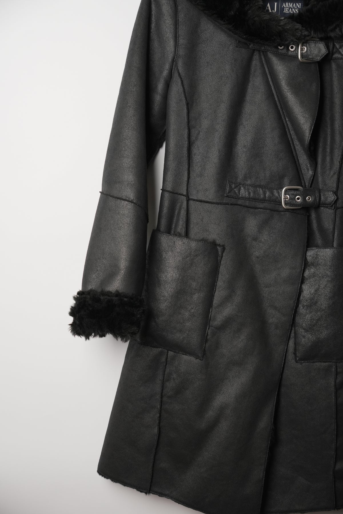 Armani Jeans Faux Shearling Leather Belted Coat