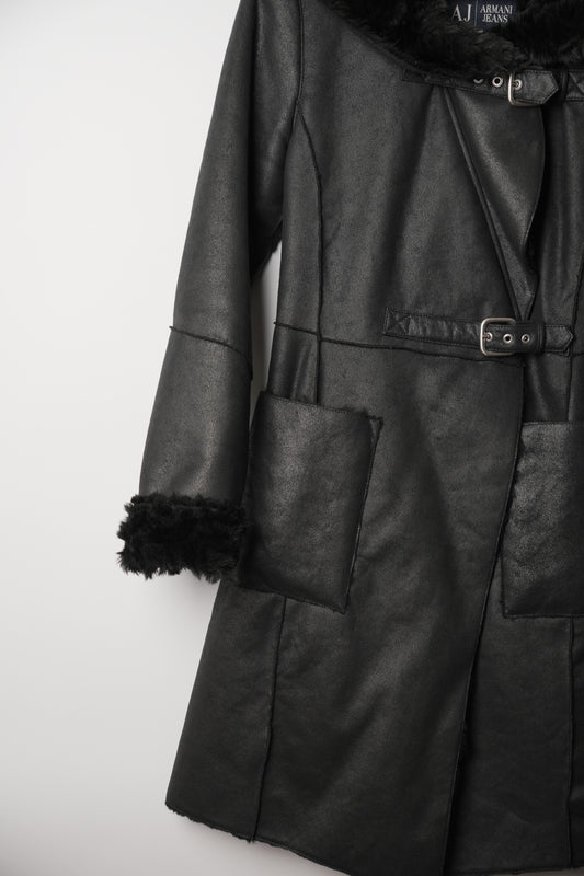Armani Jeans Black Faux Leather Belted Coat with Faux Shearling Trim