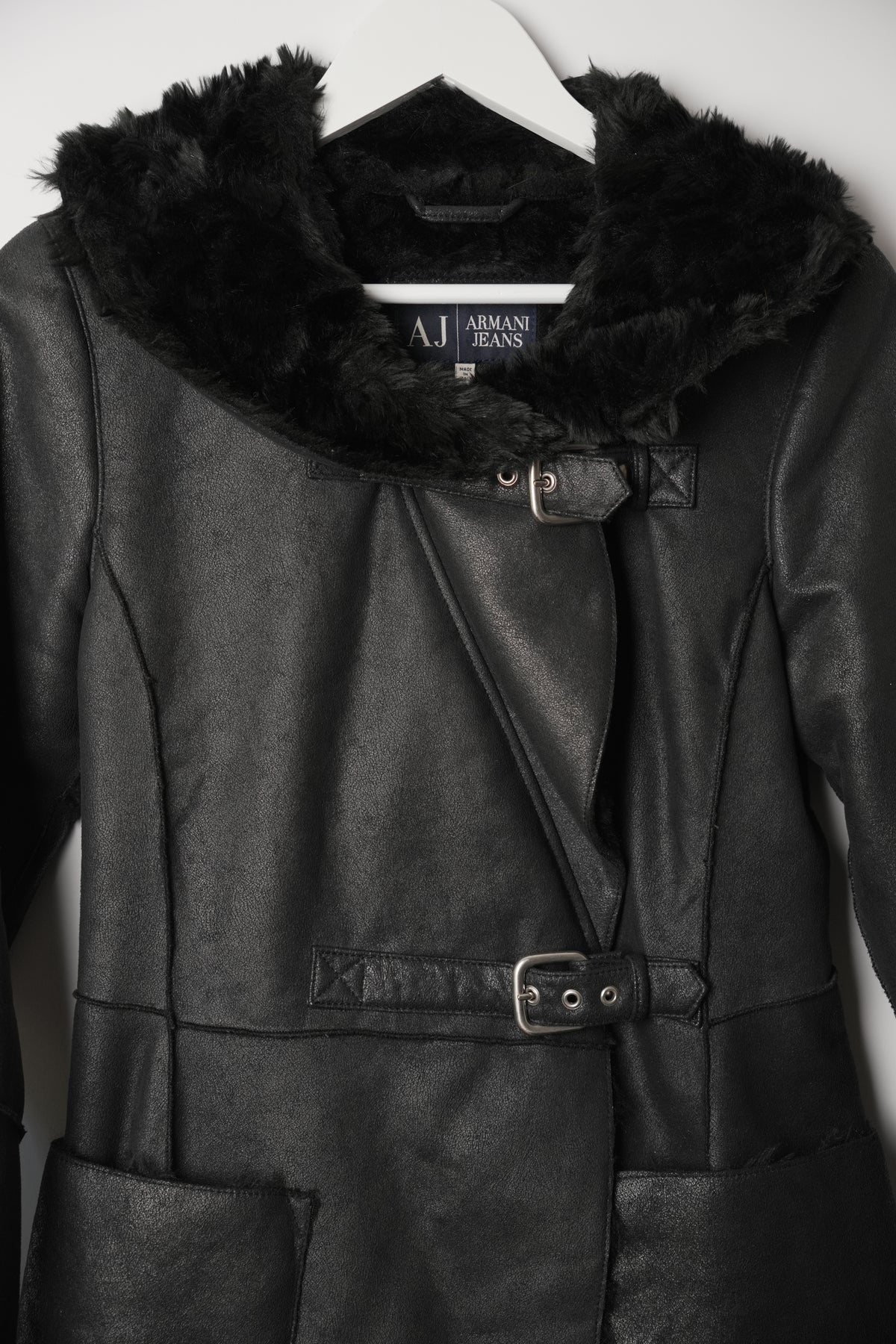 Armani Jeans Faux Shearling Leather Belted Coat