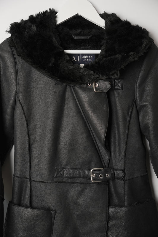 Armani Jeans Black Faux Leather Belted Coat with Faux Shearling Trim