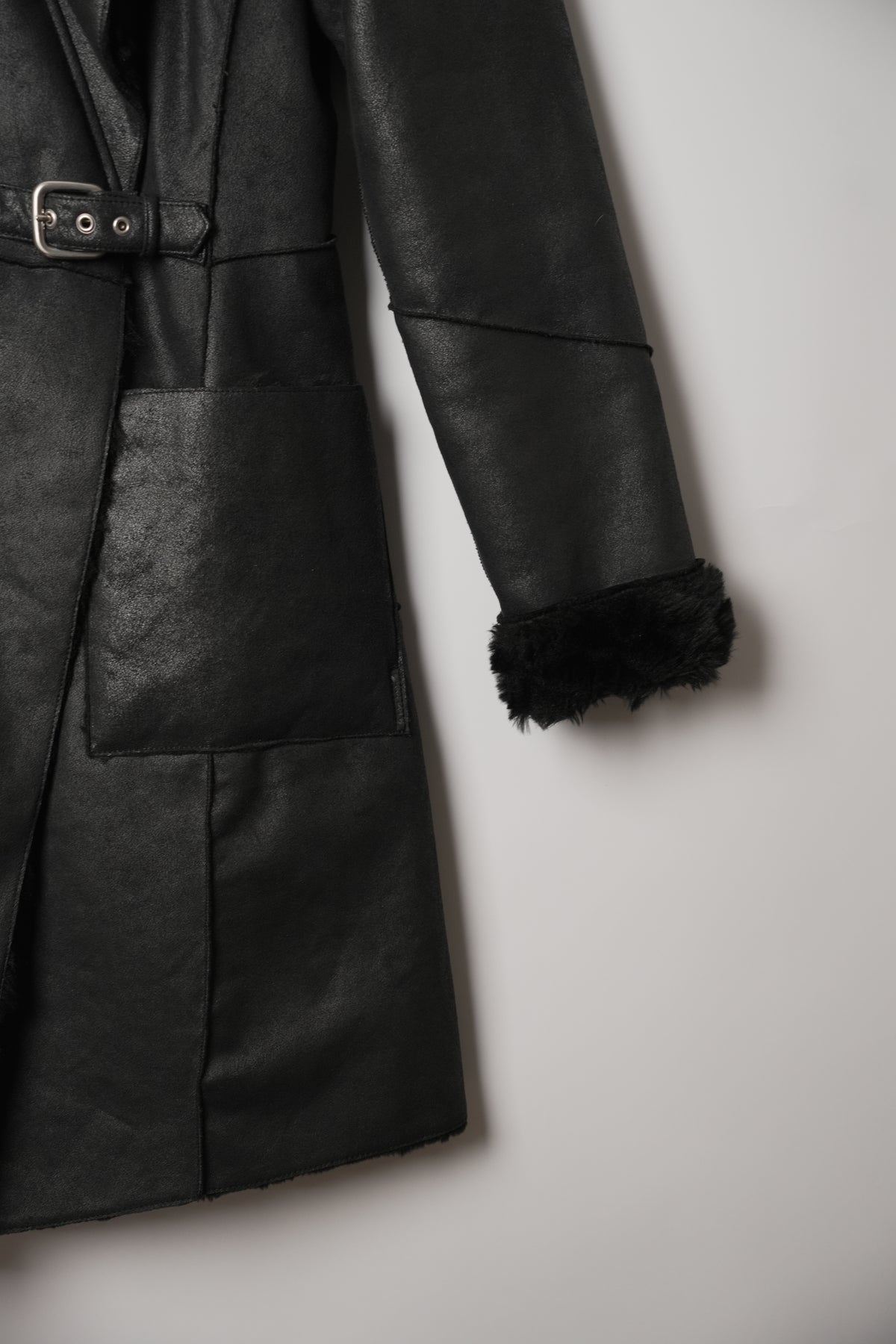 Armani Jeans Faux Shearling Leather Belted Coat