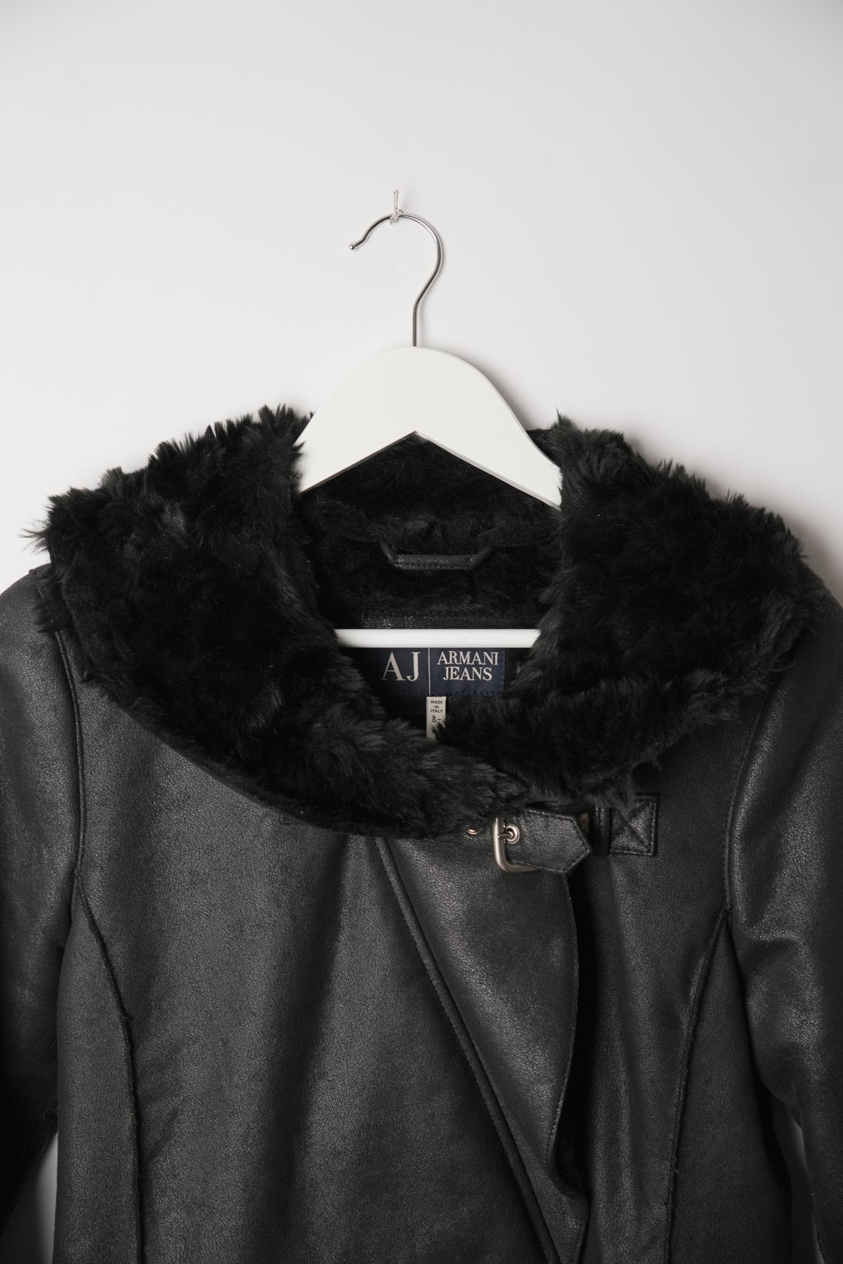 Armani Jeans Faux Shearling Leather Belted Coat