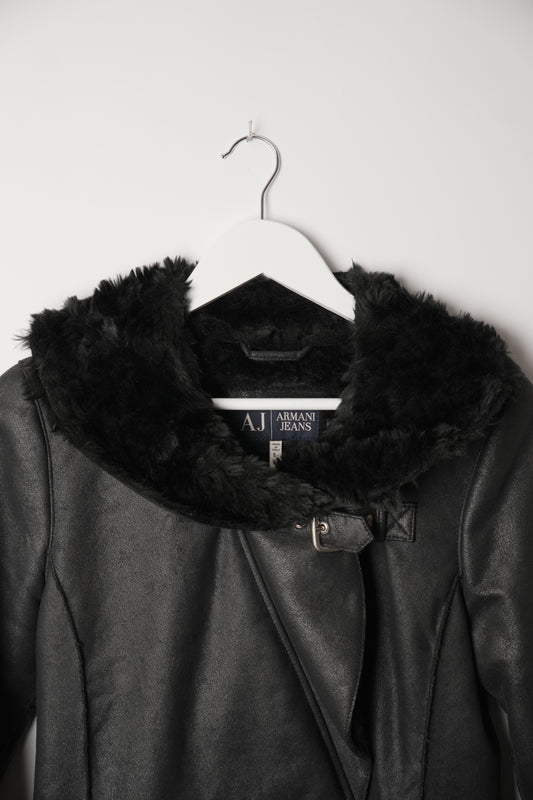 Armani Jeans Black Faux Leather Belted Coat with Faux Shearling Trim