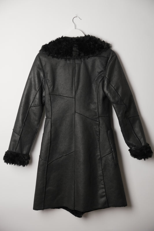 Armani Jeans Black Faux Leather Belted Coat with Faux Shearling Trim