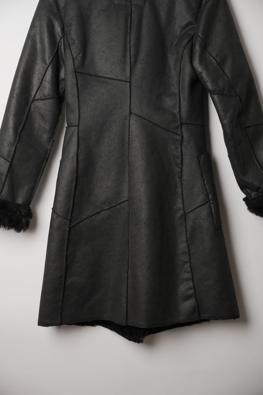 Armani Jeans Black Faux Leather Belted Coat with Faux Shearling Trim