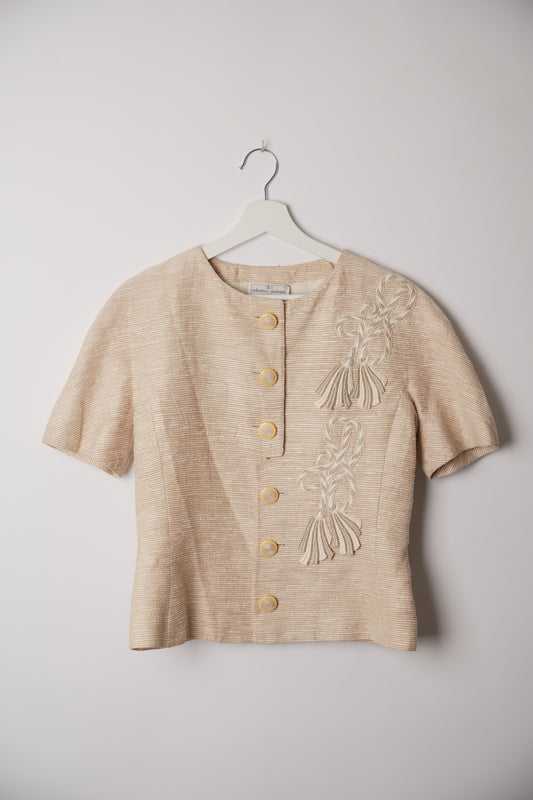 Valentino Short Sleeve Linen Collarless Rope Embroidered Blazer
