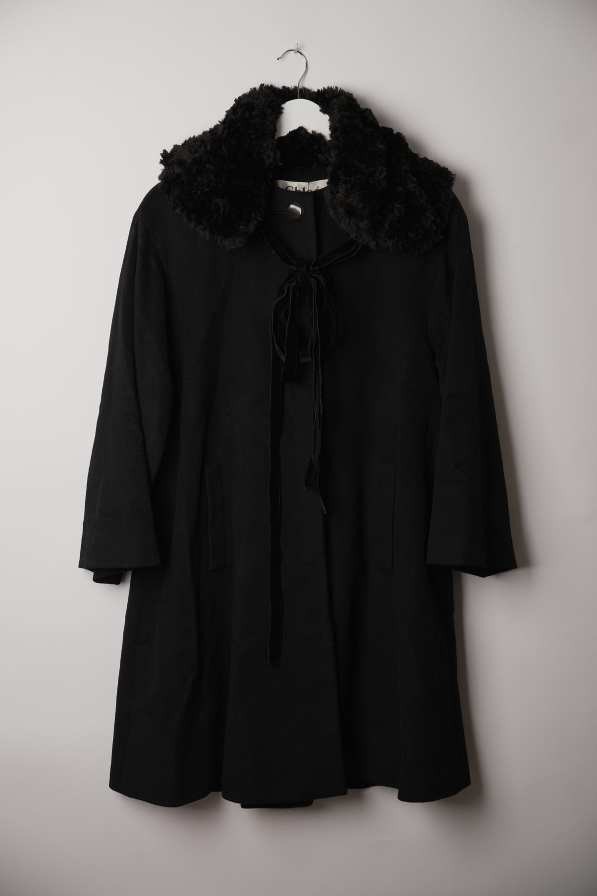 Chloe Black Collarless Wool Coat w Removable Fur