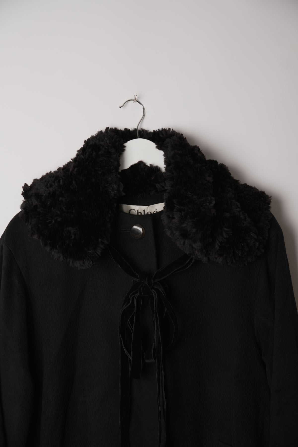 Chloe Black Collarless Wool Coat w Removable Fur