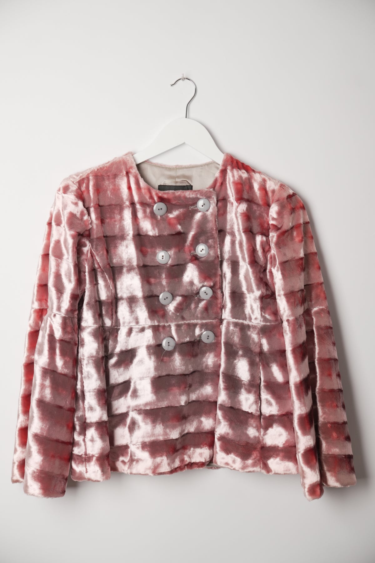 Emporio Armani Faux Fur Collarless Double Breasted Pink Flare Sleeve Blazer