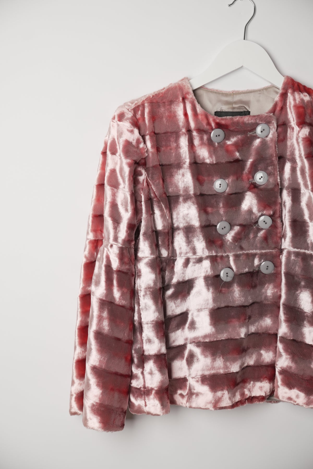 Emporio Armani Faux Fur Collarless Double Breasted Pink Flare Sleeve Blazer