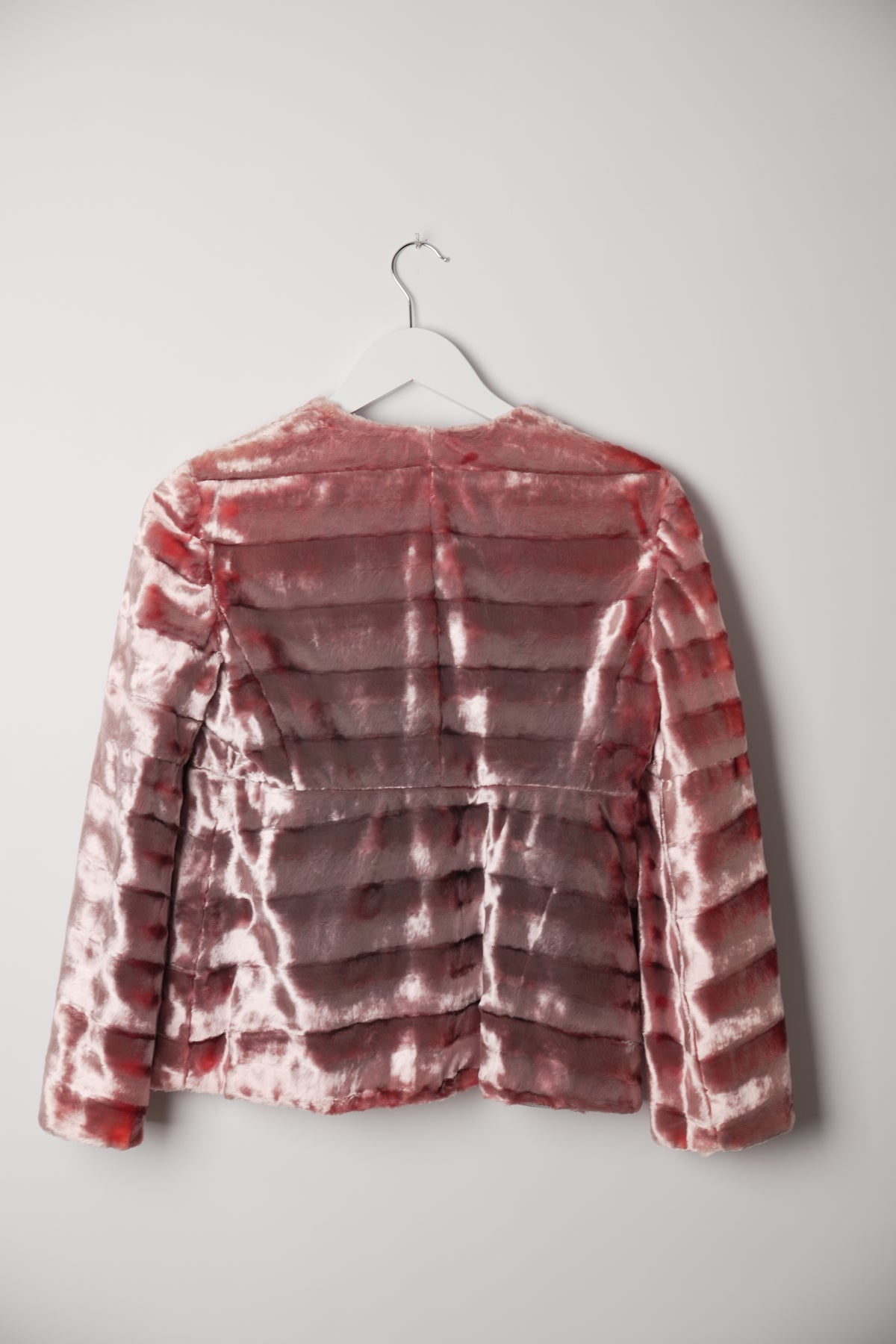 Emporio Armani Faux Fur Collarless Double Breasted Pink Flare Sleeve Blazer