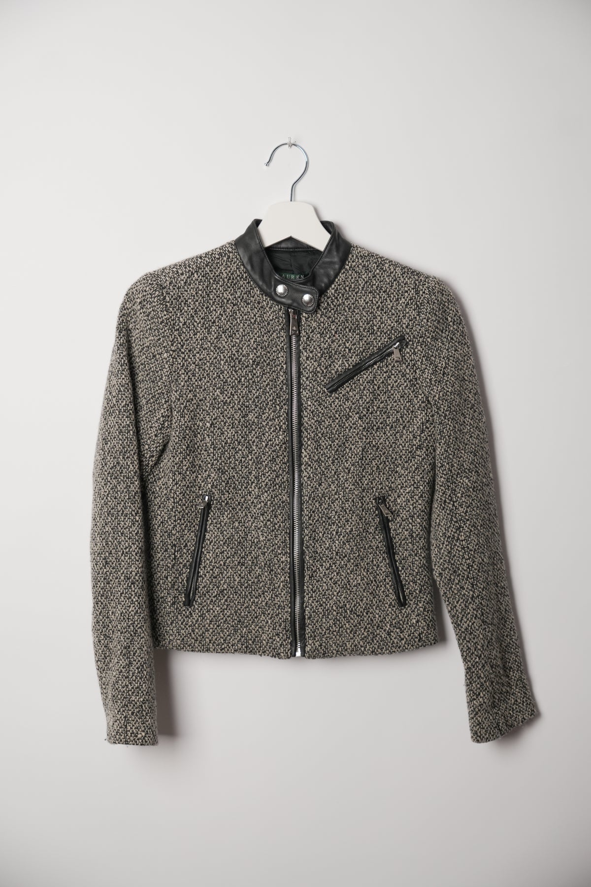 Lauren by Ralph Lauren Black White Tweed Cafe Motorcycle Jacket w Leather Trimming