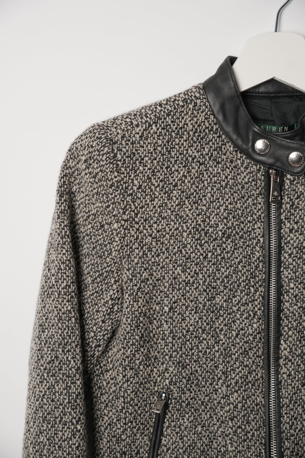 Lauren by Ralph Lauren Black White Tweed Cafe Motorcycle Jacket w Leather Trimming
