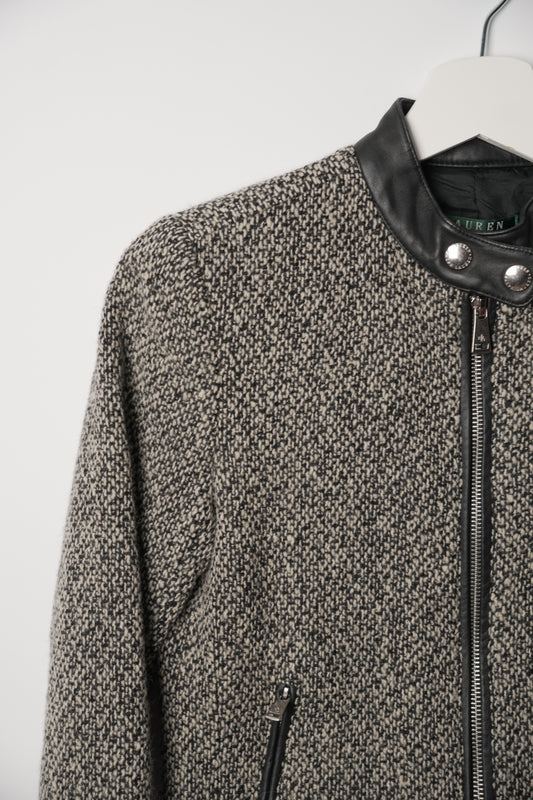 Lauren by Ralph Lauren Black White Tweed Cafe Motorcycle Jacket with Leather Trimming