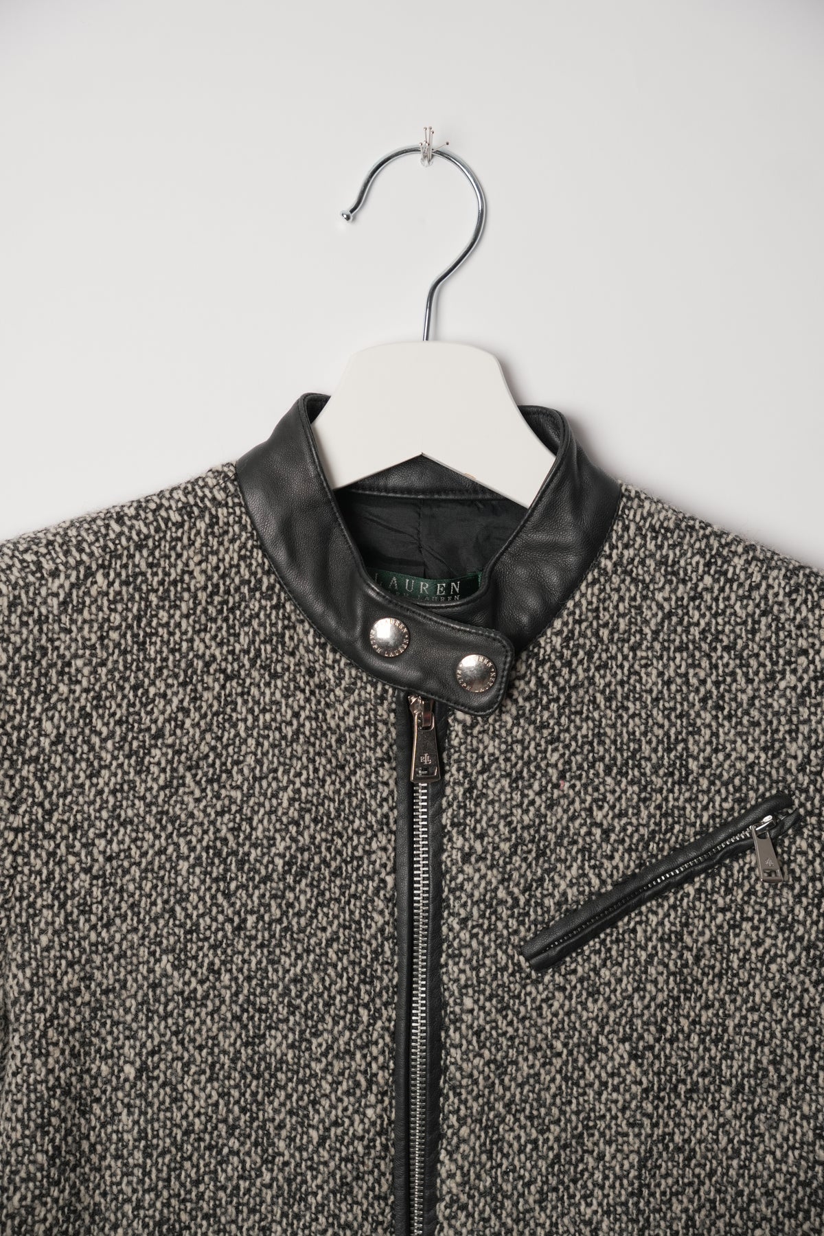 Lauren by Ralph Lauren Black White Tweed Cafe Motorcycle Jacket w Leather Trimming