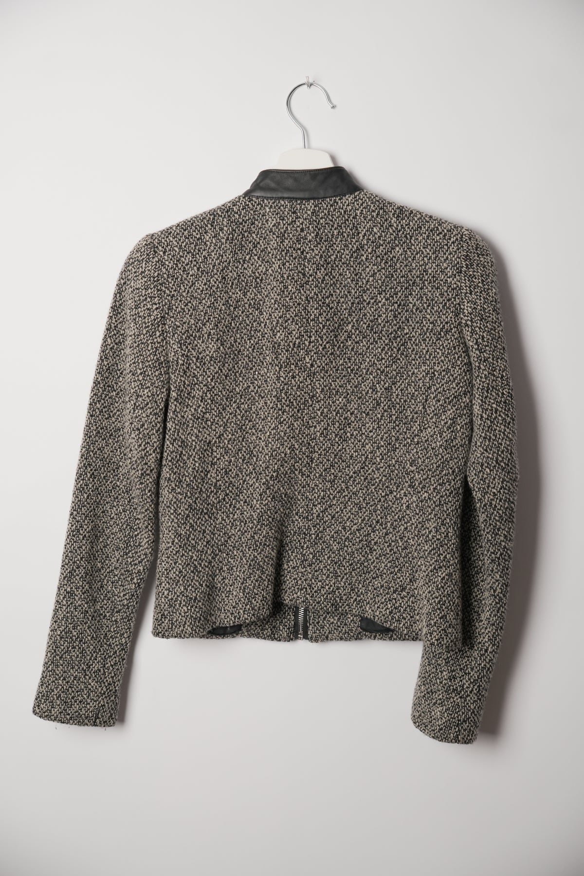 Lauren by Ralph Lauren Black White Tweed Cafe Motorcycle Jacket w Leather Trimming