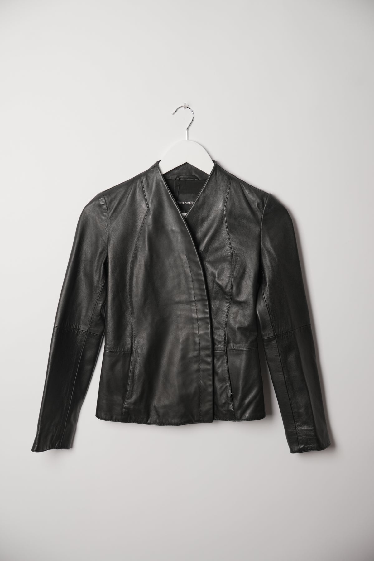 Emporio Armani Black Leather Sheepskin Kimono Zipper Jacket