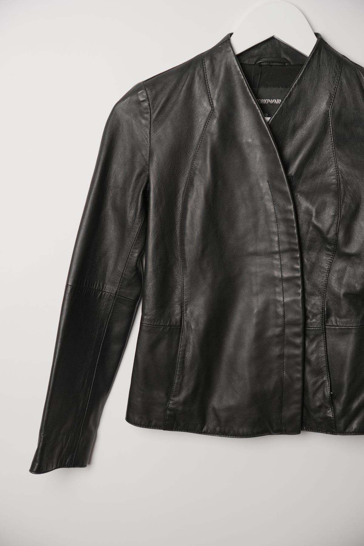Emporio Armani Black Leather Sheepskin Kimono Zipper Jacket