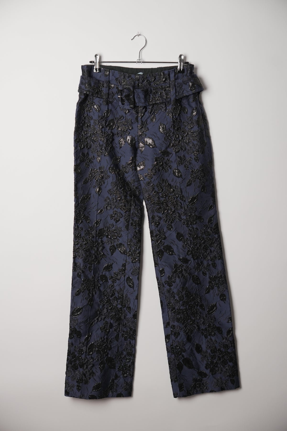 Prada Blue Floral Cloque Wide Leg Pants w Belt FW 2019