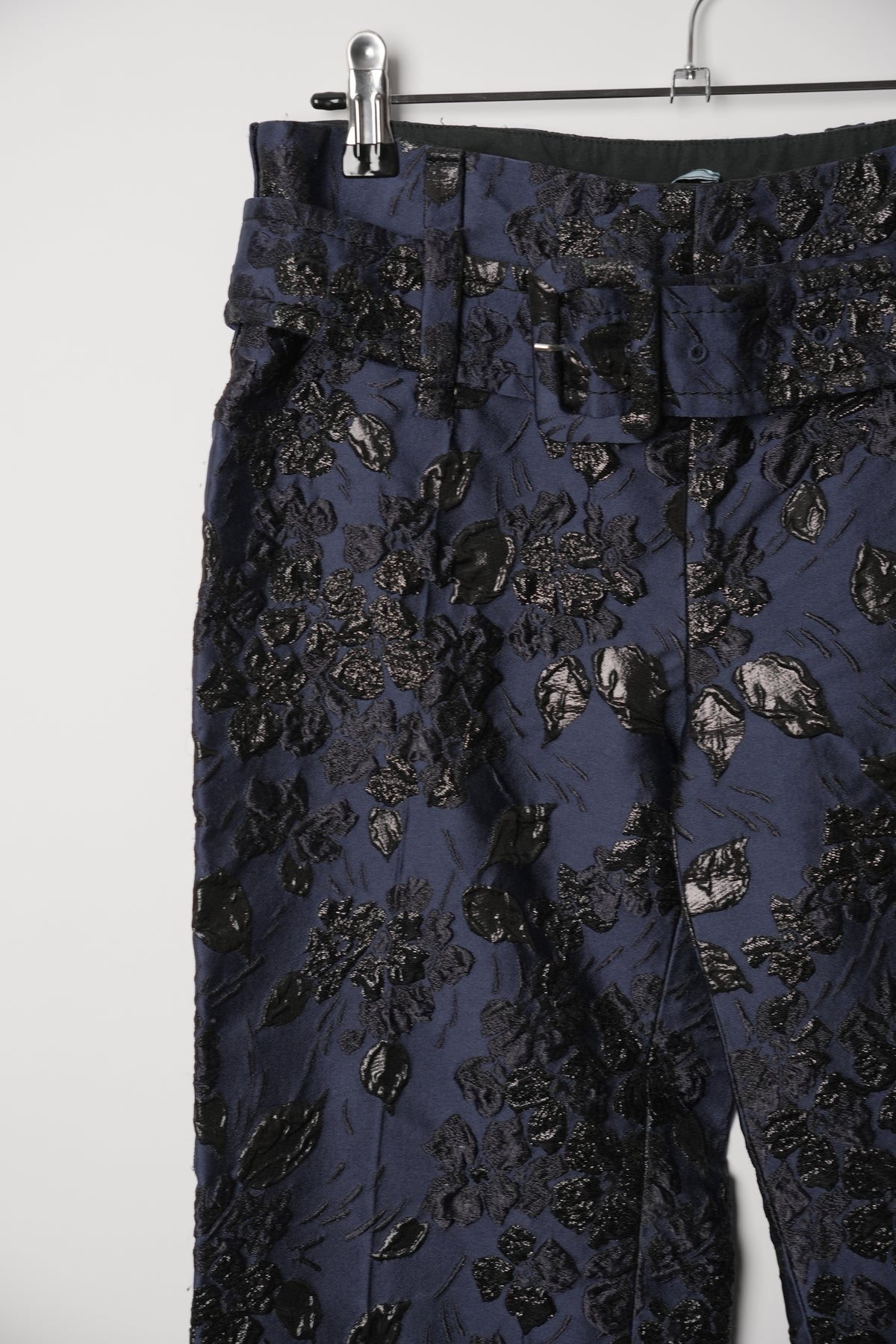 Prada Blue Floral Cloque Wide Leg Pants w Belt FW 2019