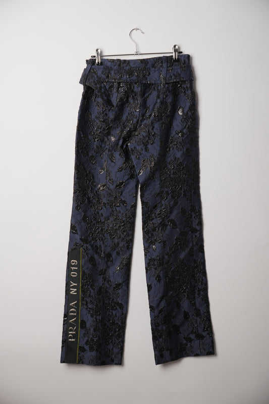 Prada Blue Floral Cloque Wide Leg Pants with Belt FW 2019