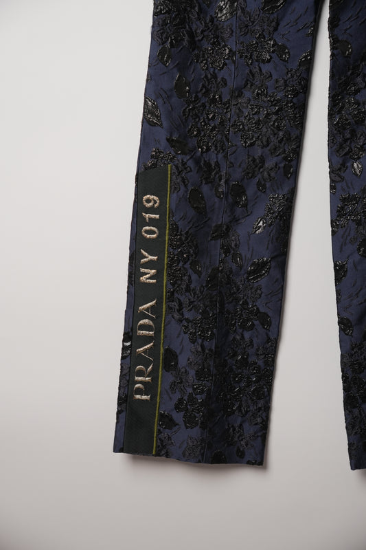 Prada Blue Floral Cloque Wide Leg Pants with Belt FW 2019