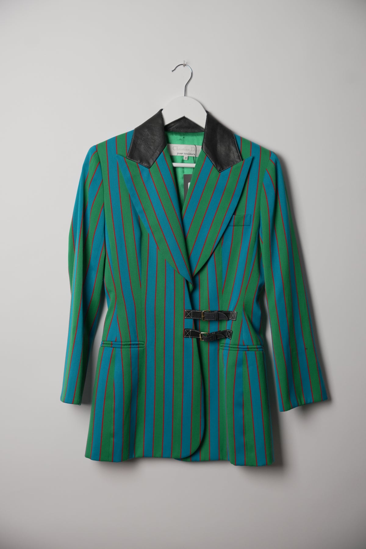 Christian Dior Blue Green Red Stripe Double Buckle Blazer w Leather Collar