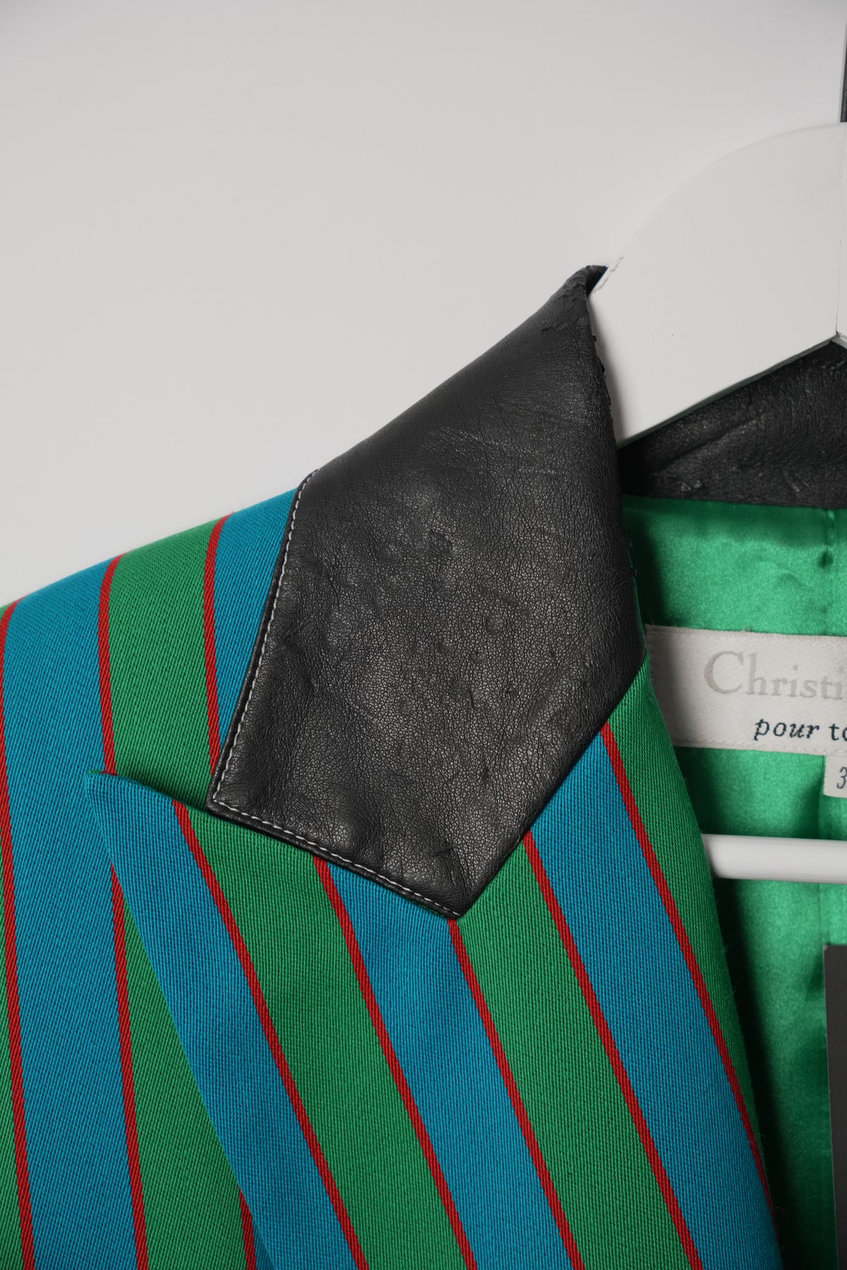 Christian Dior Blue Green Red Stripe Double Buckle Blazer w Leather Collar
