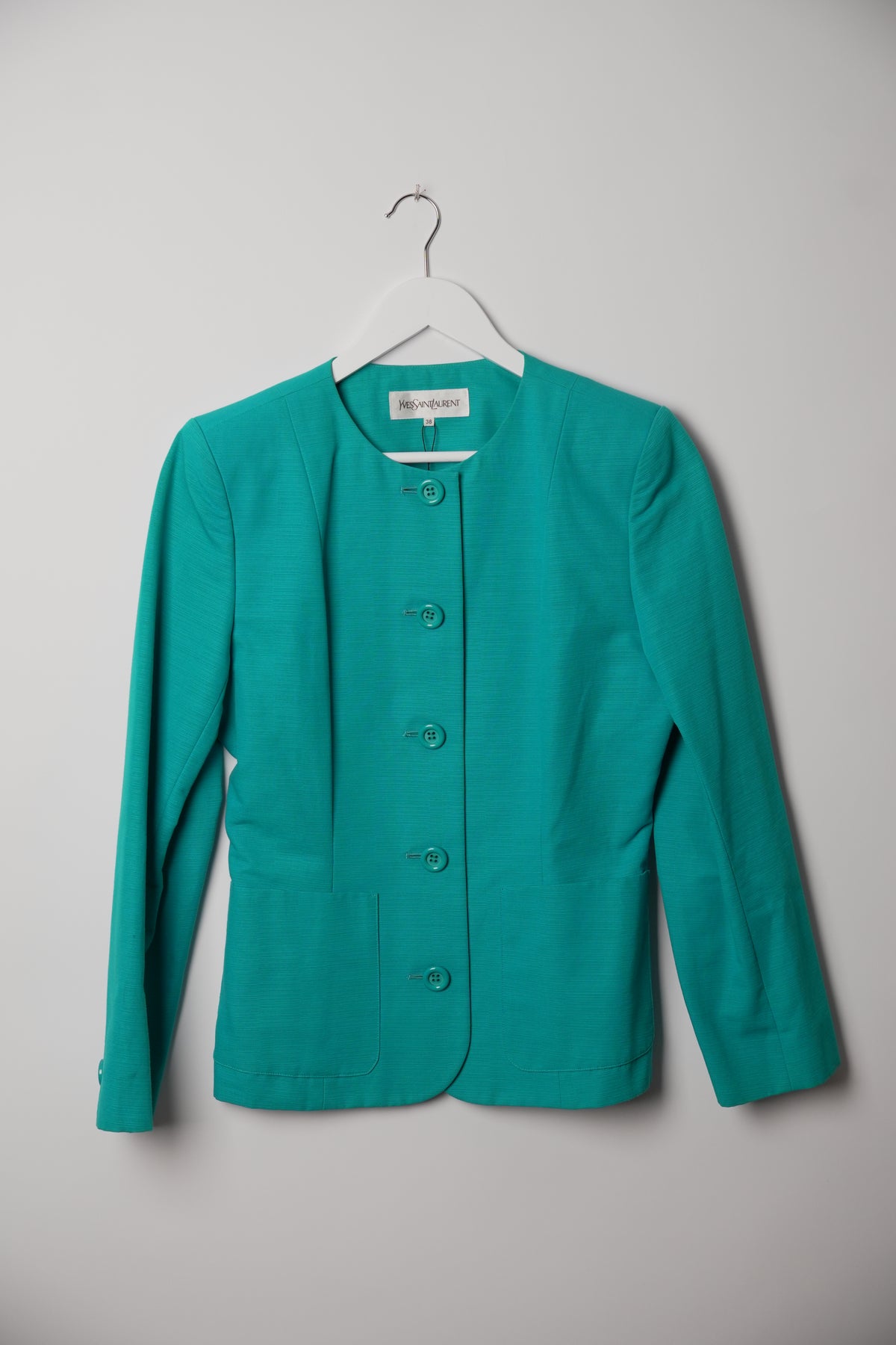 Yves Saint Laurent Teal Blue Collarless Button Down Blazer