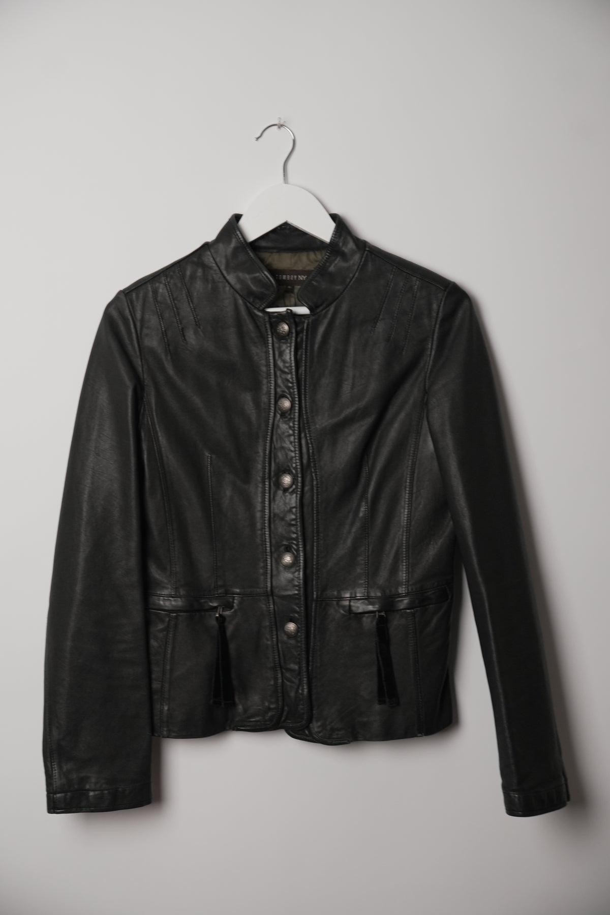 Vintage Tomboy New York Lamb Leather Military Button Down Collarless Jacket