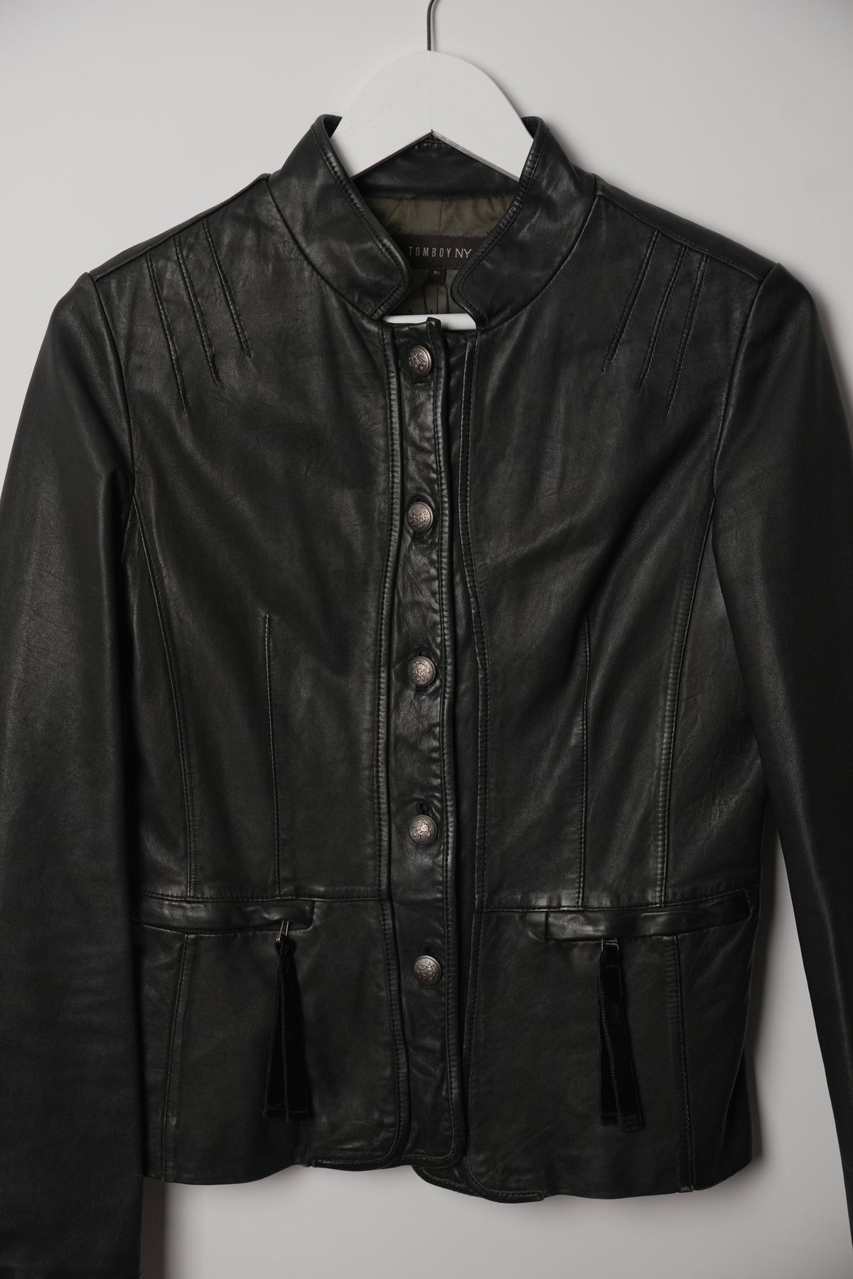 Vintage Tomboy New York Lamb Leather Military Button Down Collarless Jacket