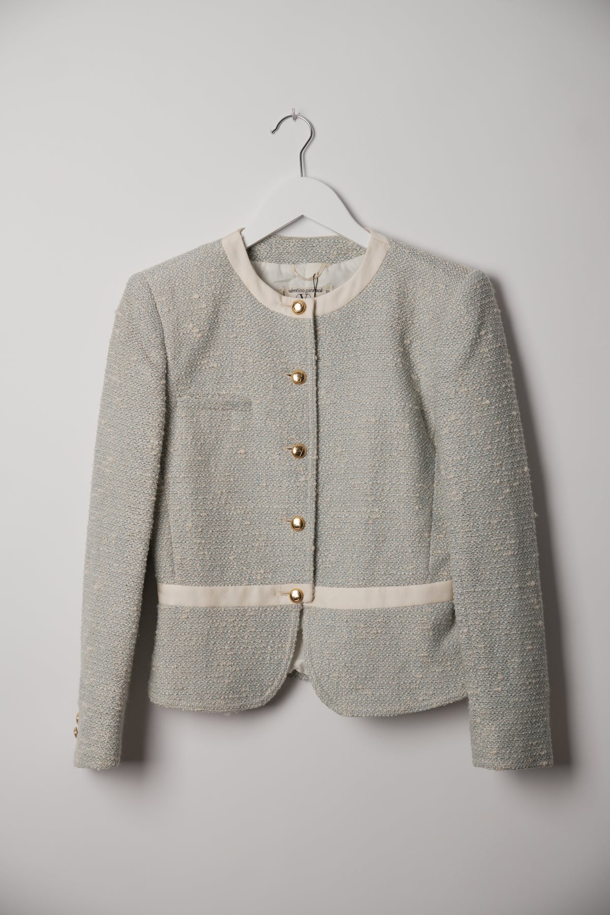 Valentino Blue White Tweed Ribbon Trim Collarless Gold Button Down Blazer
