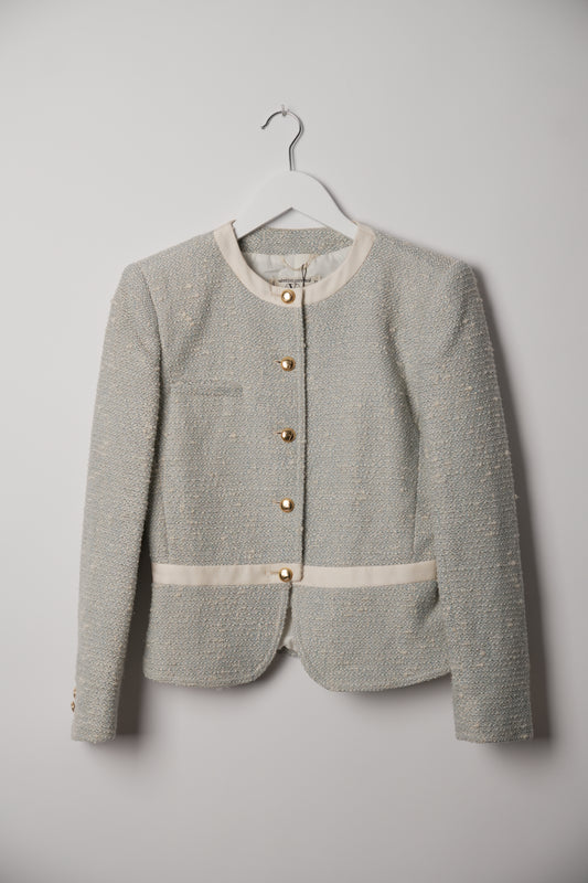 Valentino Blue White Tweed Ribbon Trim Collarless Gold Button Down Blazer