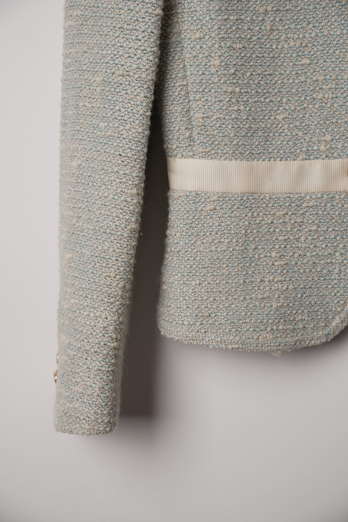 Valentino Blue White Tweed Ribbon Trim Collarless Gold Button Down Blazer