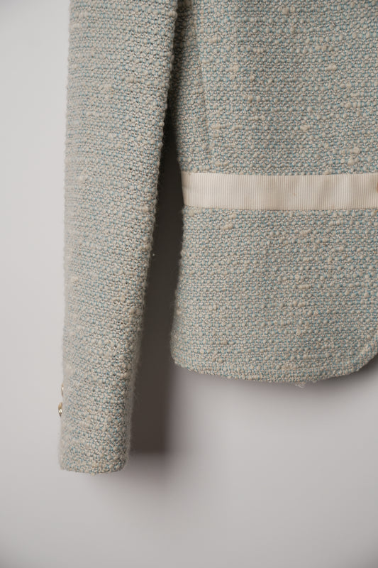 Valentino Blue White Tweed Ribbon Trim Collarless Gold Button Down Blazer
