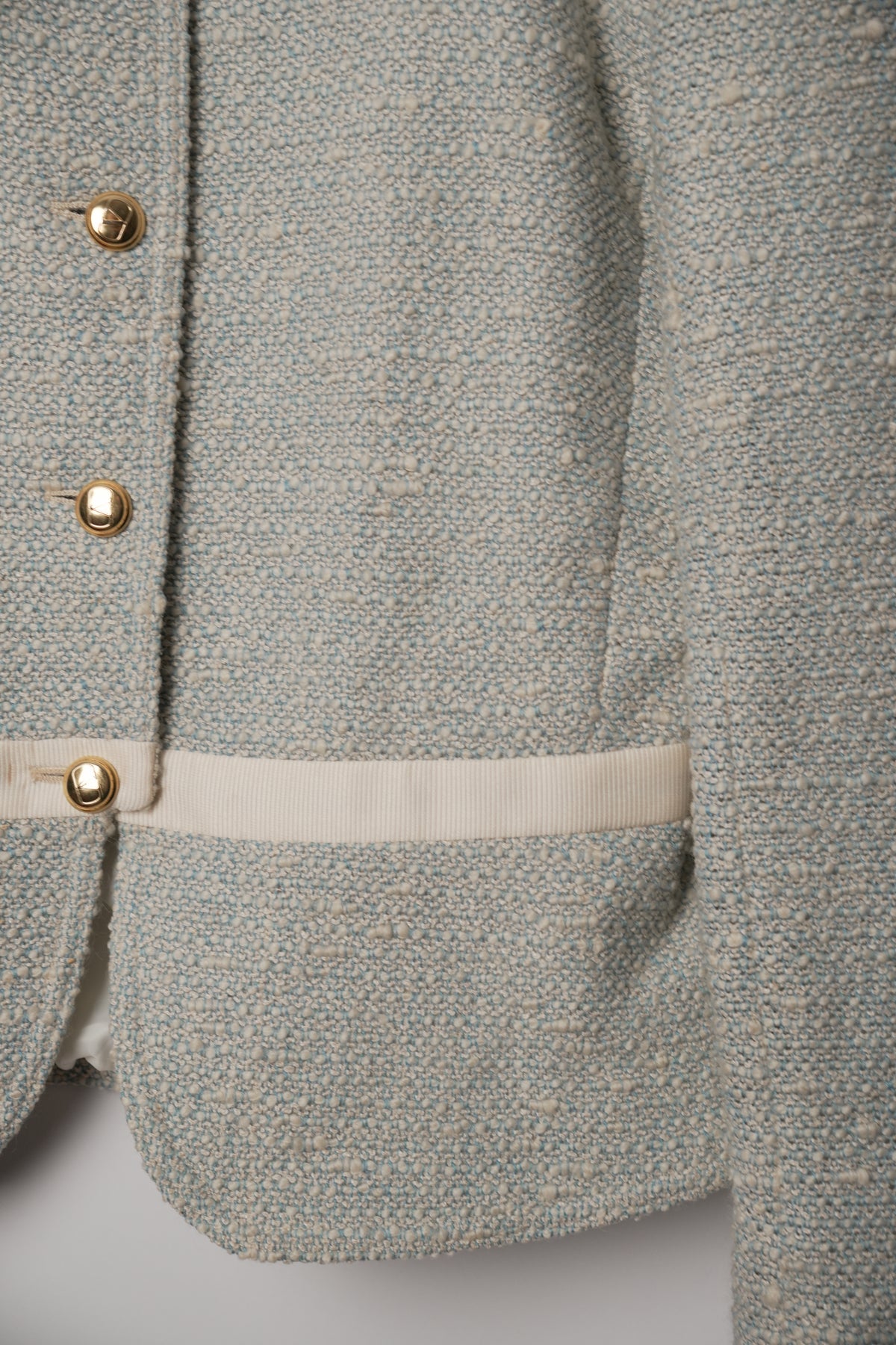 Valentino Blue White Tweed Ribbon Trim Collarless Gold Button Down Blazer