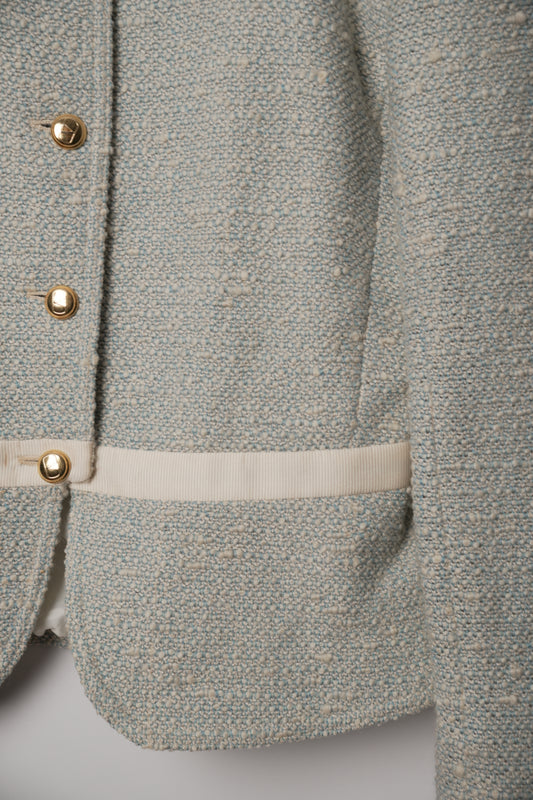 Valentino Blue White Tweed Ribbon Trim Collarless Gold Button Down Blazer