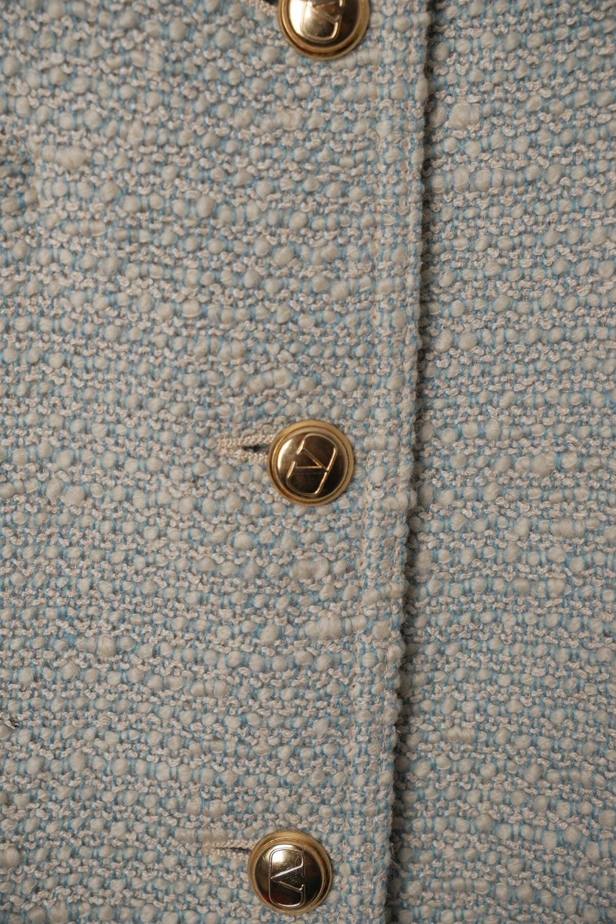 Valentino Blue White Tweed Ribbon Trim Collarless Gold Button Down Blazer